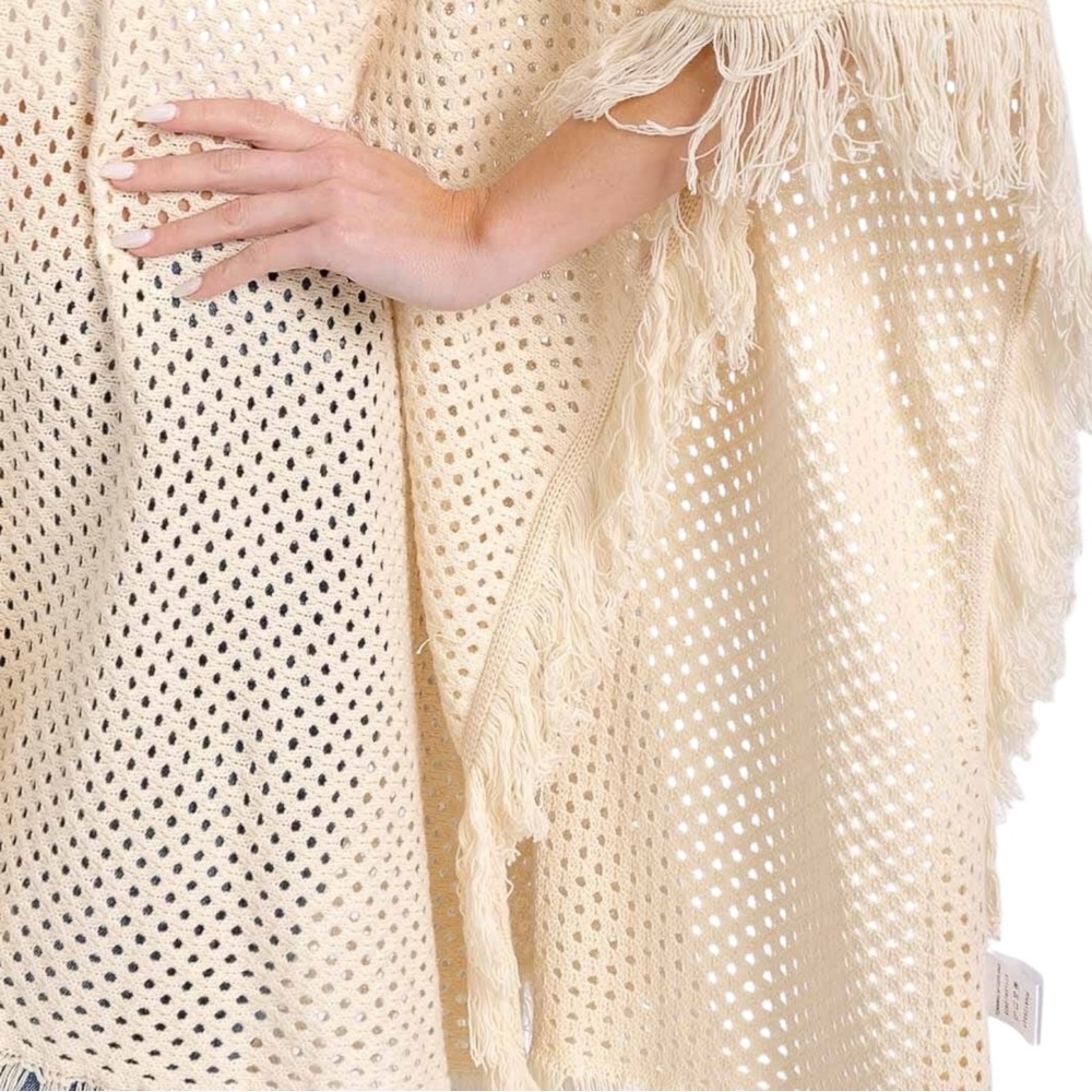 Cream Open Knit Fringe Poncho Cover Up Boho Oversized One Size NWT - Picture 2 of 7